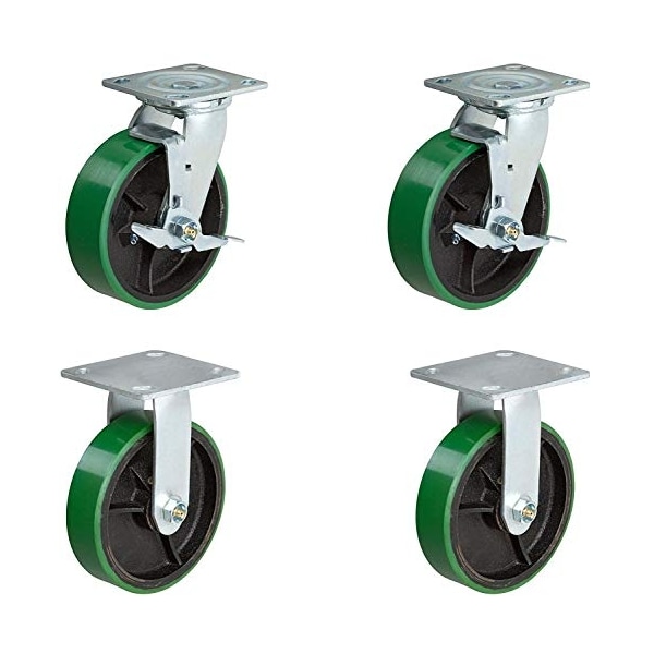 6" Hvy Dty Caster Set, 2 Rigid 2 Swivel W/ Brake, Green Polyure, PK2